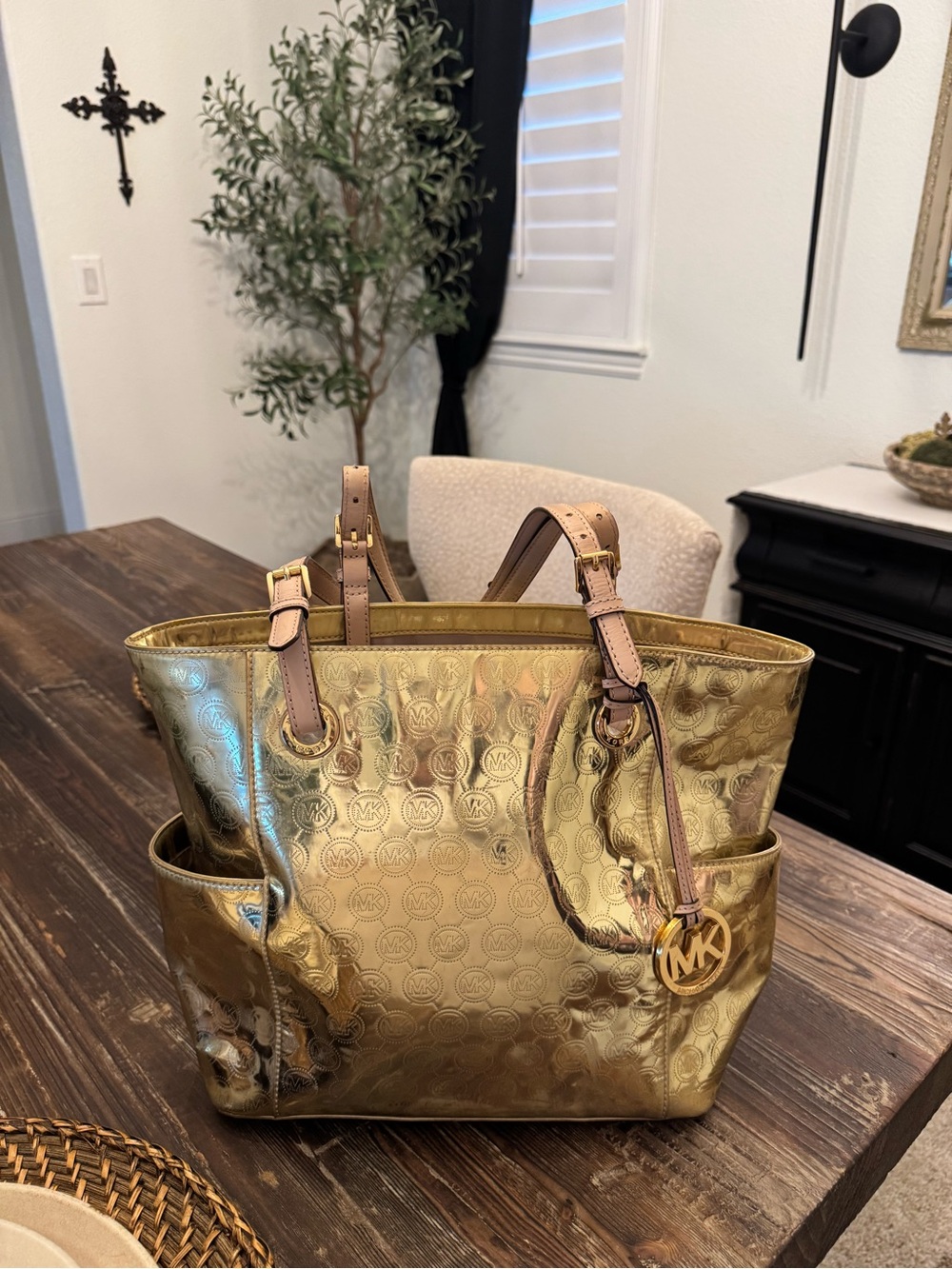 Michael Kors Metallic Gold MK Logo Tote with Leather Straps